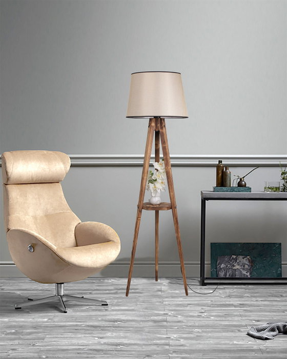 Opviq Lámpara de Pie de Madera con Estantería y Pantalla de Tela Marrón Opviq Lámpara de Pie de Madera con Estantería y Pantalla de Tela Marrón